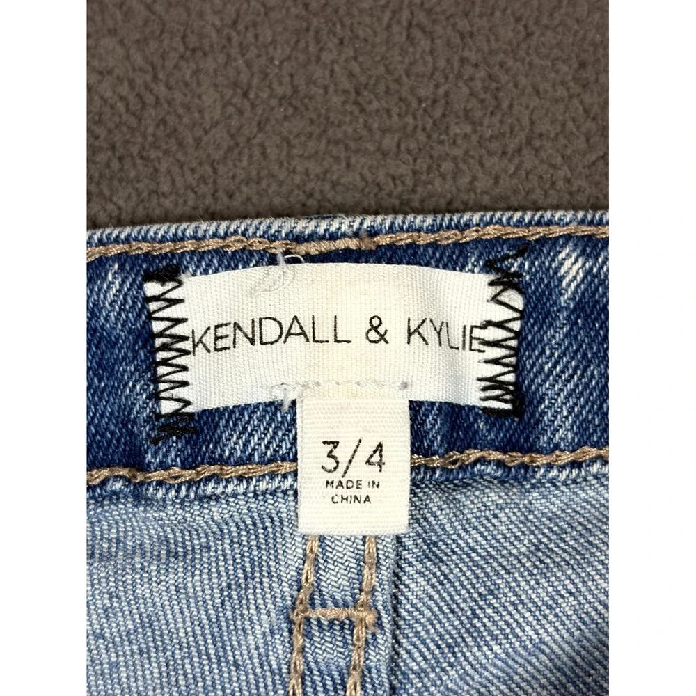 Kendall & Kylie Jeans Womens 3/4 Blue Denim Distressed Whiskered Boho Skinny Leg